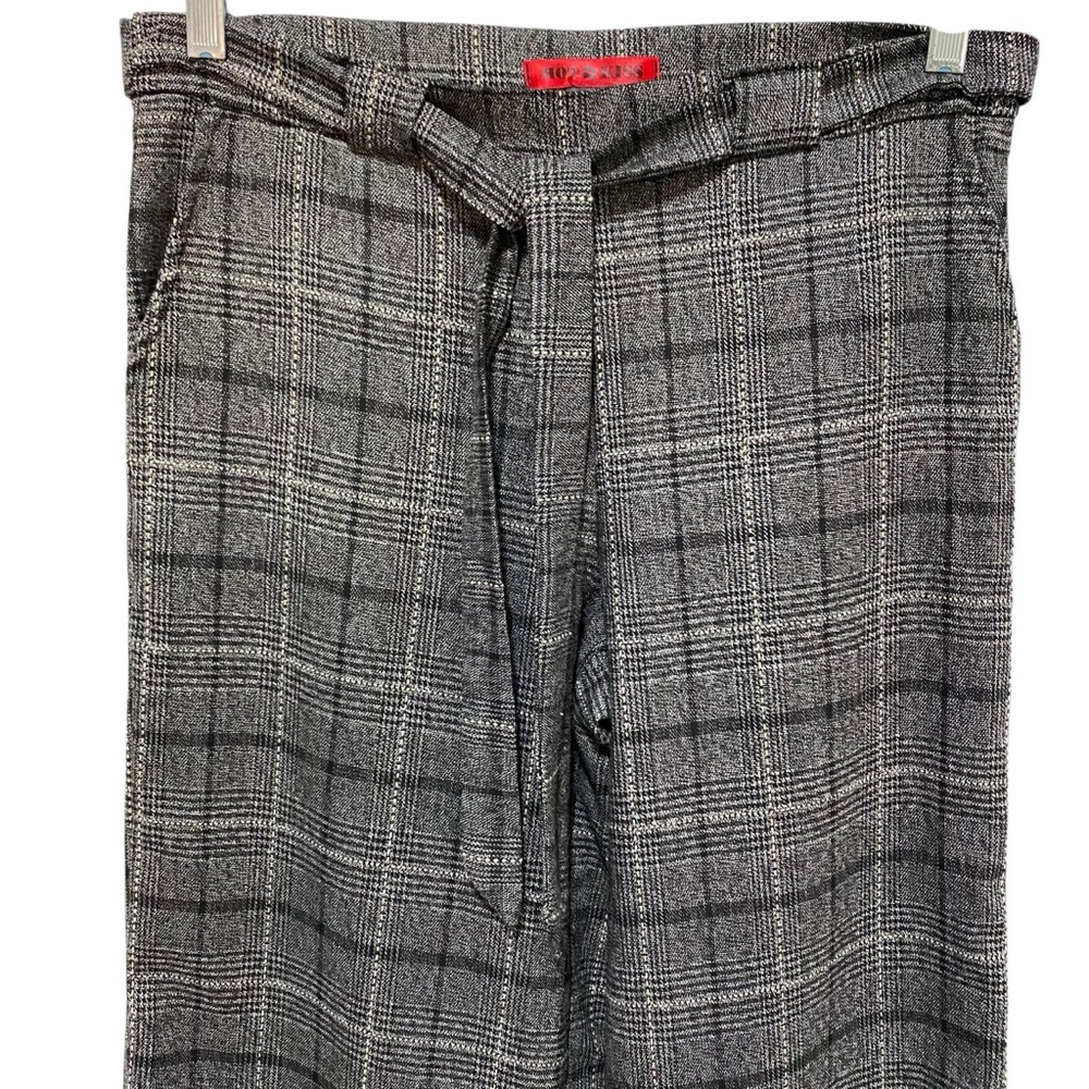 HOT KISS Pants Wide Leg Trousers Black Gray Plaid Size 5 Flat Front Tie Belt - Picture 9 of 17